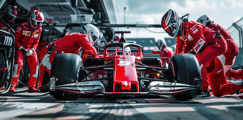 Professional pit crew ready for action as their team's race car arrives in the pit lane during a pitstop of a car race, concept of Professional teamwork.