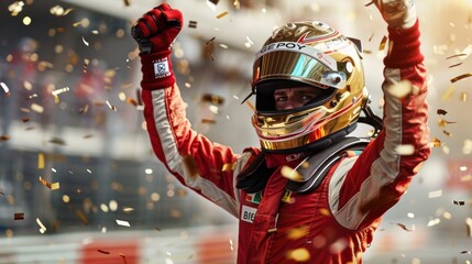Formula One racing team driver celebrates victory with golden confetti on the racetrack background.