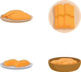 Four illustrations of mouthwatering mexican tamales, representing diverse fillings and wrappings