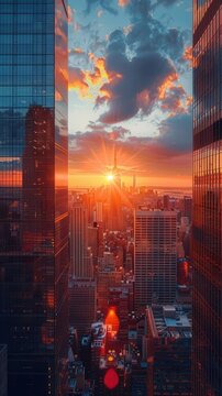 Stunning urban sunset view framed by skyscrapers, capturing the city's vibrant energy and the beautiful colors of twilight in the urban jungle.