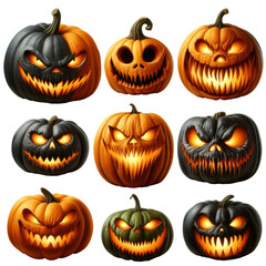 Collection of menacing jack-o'-lanterns with glowing eyes and evil grins, perfect for Halloween decorations and spooky themes. transparent background