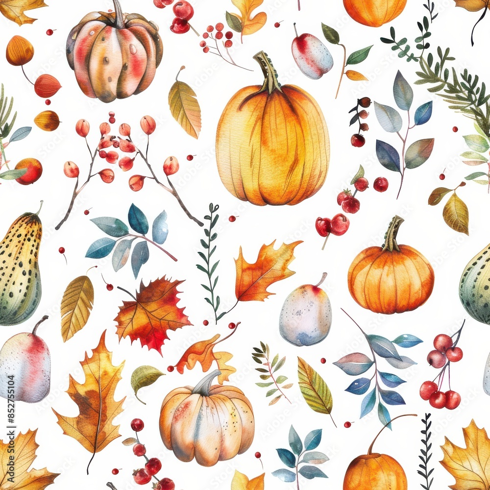 Aufkleber This image features a watercolor seamless pattern with a variety of autumnal elements. It includes pumpkins, leaves in various shades of yellow, orange, and red, and clusters of berries. The design is