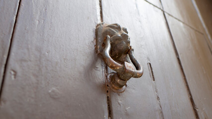 An old wooden door with an iron handle in the shape of a lion.Bottom view and blurred background.