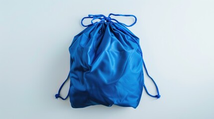 A single drawstring bag in blue against a white background