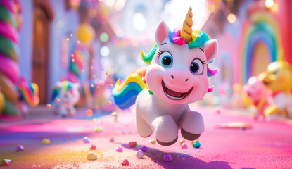 Magical world with cute little unicorn with a rainbow mane in a fairytale playroom background.