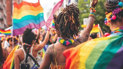 Crowd celebrating with rainbow flags at a public event