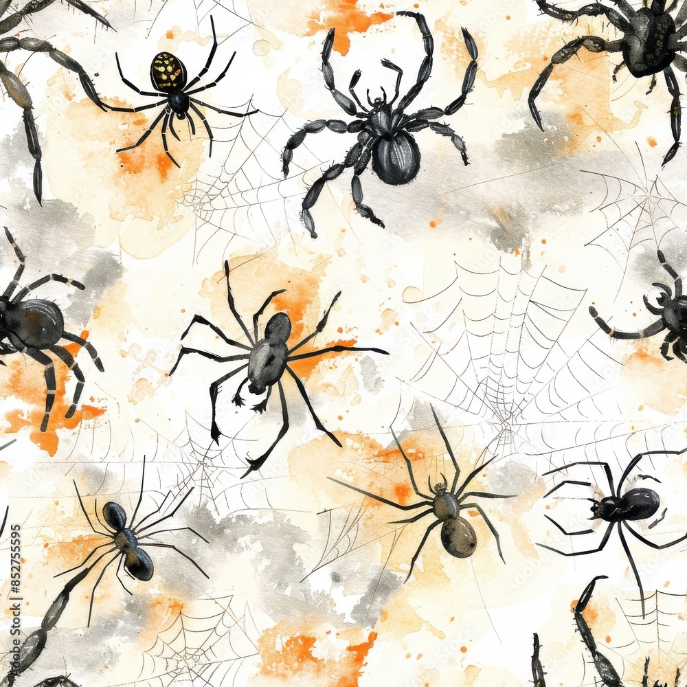 Poster This image is a watercolor pattern featuring black spiders and webs on a white background with orange and gray watercolor splatters. The spiders are depicted in various poses, some with webs surroundi