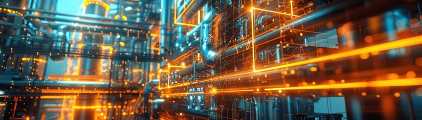 Futuristic digital cityscape with glowing orange and blue lights depicting advanced technology and modern architecture.