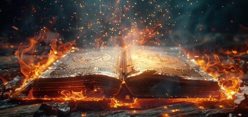 An ancient, magical book on fire emits glowing sparks, evoking a sense of mystery and fantasy. Perfect for fantasy-themed projects.