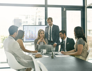 Group, people and laptop for business meeting in company as consultant in accounting firm or bank in workshop or office. Team, brainstorming and tech in collaboration for growth or career in finance