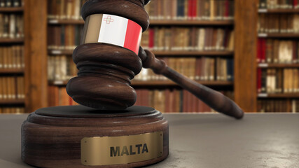 Malta Flag on Judge Gavel or Hammer in Court with Country Name. Legal System 3D Illustration
