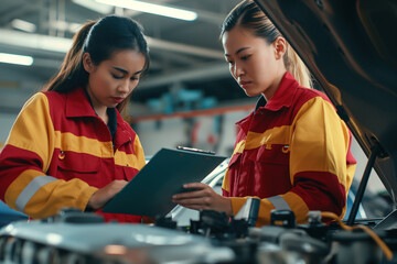 Two Asian female mechanics in red and yellow uniforms working on a car engine, taking notes with a clipboard at a garage workshop