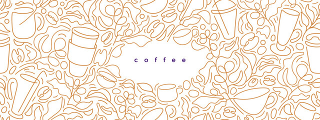 Coffee plantation, branch, line of cups and beans © Yauheniya_Bandaruk