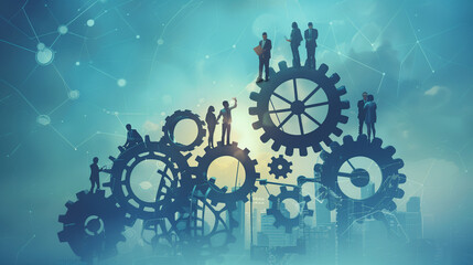 Business Specialists Teaming with Gears and Connectivity, Symbolizing Leadership, Innovation, Corporate Teamwork