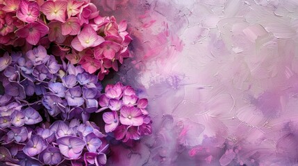 Artistic pink and purple Hydrangea flowers on ink background with copy space viewed from above
