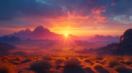 Naklejka premium Wide panorama of a stone desert at sunrise in haze of soft sunlight, mountain landscape of Spitzkoppe hills, Namibia. Travel to wildlife of Africa, extreme tour, adventures to wilderness