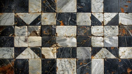 top view, large worn marble chess board, no figures, black and white tiles