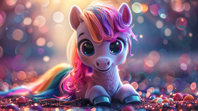 Adorable cartoon pony with pink fur and a rainbow mane, perfect for children's posters