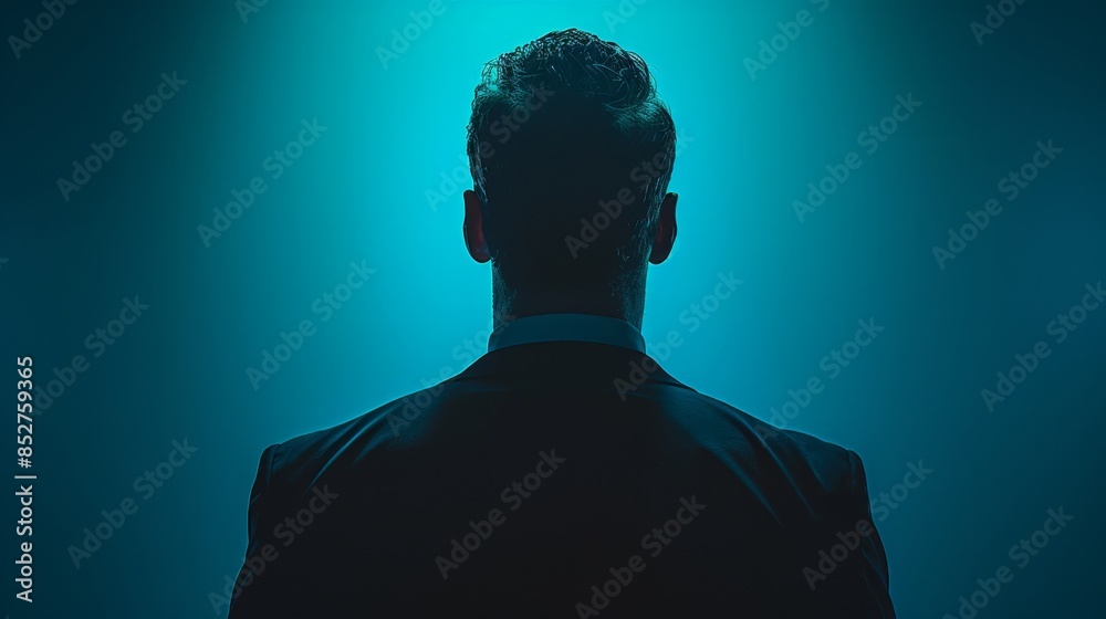 Wall mural A man in a suit is standing in front of a blue background