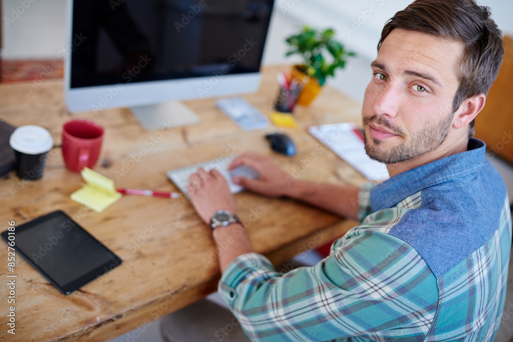 Poster Startup, portrait or man on computer for information technology, problem solving or online firewall. Engineer, cybersecurity upgrade or web developer typing for troubleshooting or pc system solution