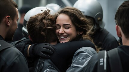 Fototapeta premium photograph of a female engineer hugging her teammates in celebration of a successful launch