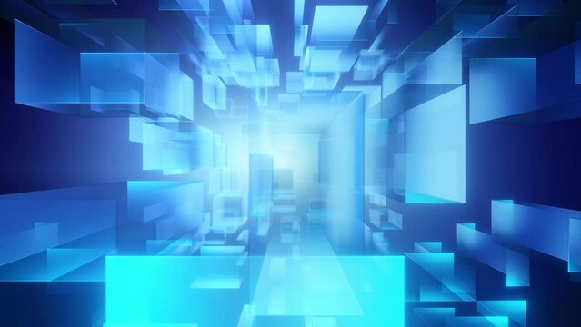 A futuristic 3D abstract background with blue geometric shapes creating a dynamic and modern digital design.