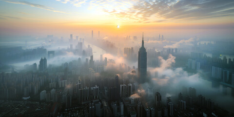 Thick smog over a big city, symbolising the air pollution problem.