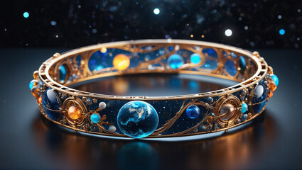 An intricate bracelet framed by the vastness of space, the delicate design shimmering against the backdrop of planets and constellations, evoking an aura of cosmic enchantment, Generative AI