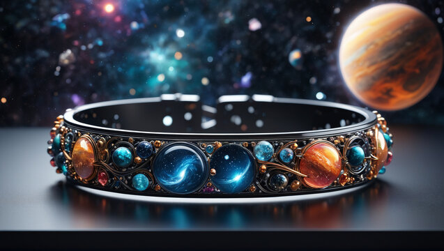 An intricate bracelet framed by the vastness of space, the delicate design shimmering against the backdrop of planets and constellations, evoking an aura of cosmic enchantment, Generative AI