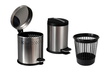 Trashcan with Hinged Lid. Bucket stainless, steel trash can or garbage can for kitchen or office. Touch-free pedal rubbish waste bin