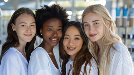 Fototapeta premium Four diverse young women with radiant smiles, representing friendship and unity