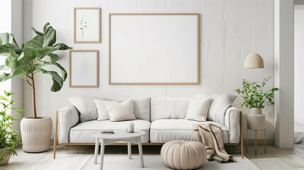 Fototapeta premium Mock up of poster frame with white blank in interior room