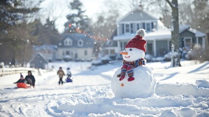 A family enjoying a snowy winter day, building a snowman and sledding down a hill in a neighborhood park.