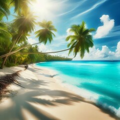 Serene tropical beach with golden sand and lush palm trees swaying under a bright, sunny sky. The clear turquoise water gently laps the shore, creating a tranquil and idyllic coastal scene.. AI