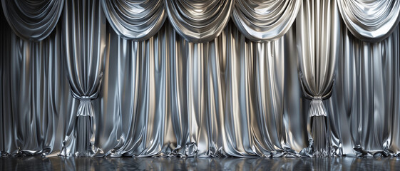 Regal stage show metallic silver drapes opulent backdrop royal party photobooth empty shiny theatre chrome fabric draping background theatrical royal theatrical grand lux blank opera Old Hollywood