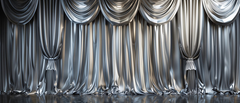 Regal stage show metallic silver drapes opulent backdrop royal party photobooth empty shiny theatre chrome fabric draping background theatrical royal theatrical grand lux blank opera Old Hollywood