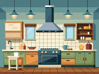 Obraz premium Kitchen with a range hood, farmhouse sink, and industrial lighting