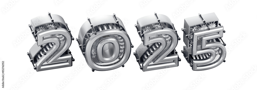 Aufkleber the new technological year of 2025. designed in modern steampunk style a row of 3d digits, which are