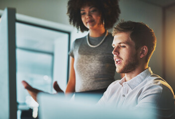 Woman, man and team for design in office, collaboration on pitch and light for dark night. Manager,...