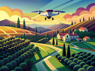 Fototapeta premium Bird's-eye view of a rural landscape with fields and a small village