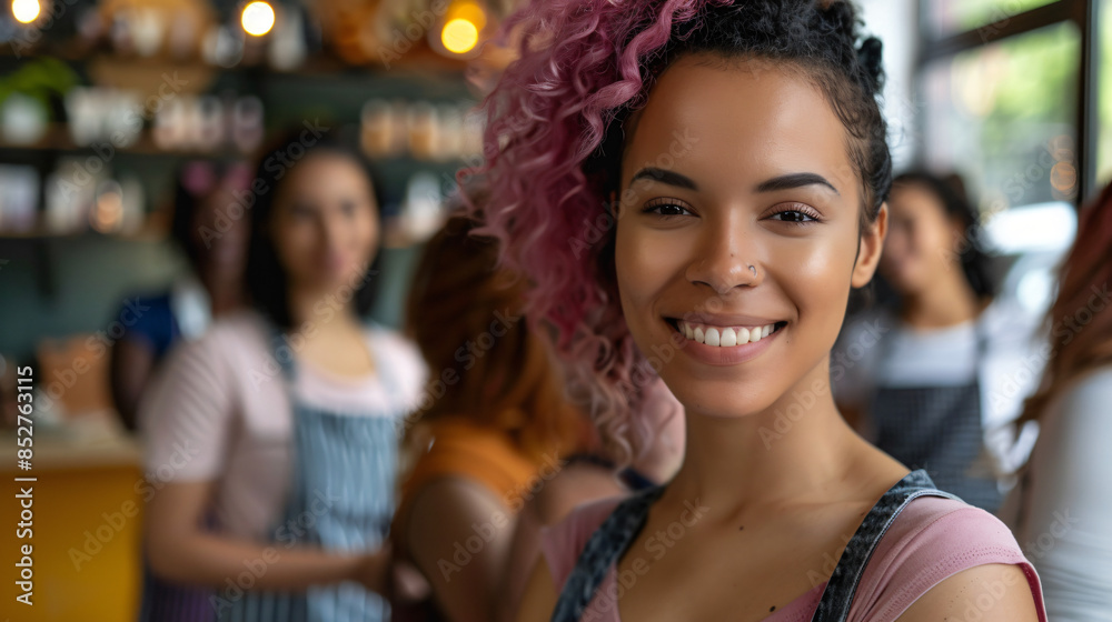 Canvas Prints cheerful young woman with vibrant pink hair posing inside a lively cafe setting