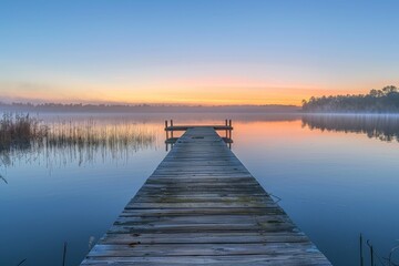Fototapeta premium A serene lake with mist rising at dawn, wooden dock extending into water, calm blue sky overhead
