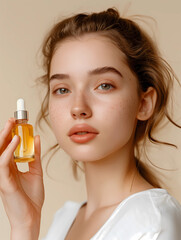 Fototapeta premium Closeup photo of beautiful woman holding professional cure serum bottle oil treatment. Cosmetologist and skincare specialist advising concept. 