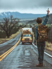 a man with a backpack on his back is pointing at something