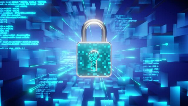 A high-tech digital security concept featuring a glowing lock surrounded by a matrix of blue geometric shapes and coding elements.