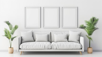 Fototapeta premium Modern interior with empty frames on a white wall, stylish living room featuring a comfortable sofa, decorative cushions, and a potted palm plant seen through an open door, ideal for home staging