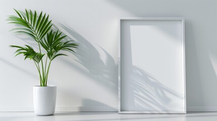 Minimalist white room with a mock-up poster on the wall, sleek frame, and a vibrant green potted plant, clean and modern design, natural light flooding the space