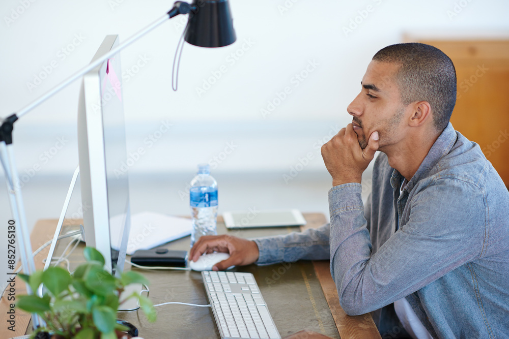 Poster business man, thinking and reading on computer for creative project, research and online editing or 