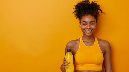 Smiling young woman in athletic wear holding a yellow sports bottle, isolated on vibrant orange