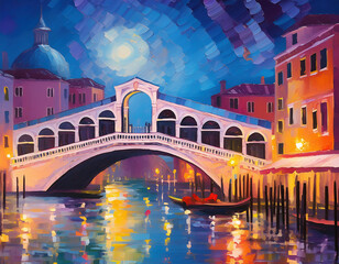 painting of an ancient bridge on a Venetian canal with reflections in the water at night